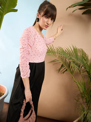 Women Pink Polka Dot Sleeve Rouching Jumpsuit-SFJMPS8151