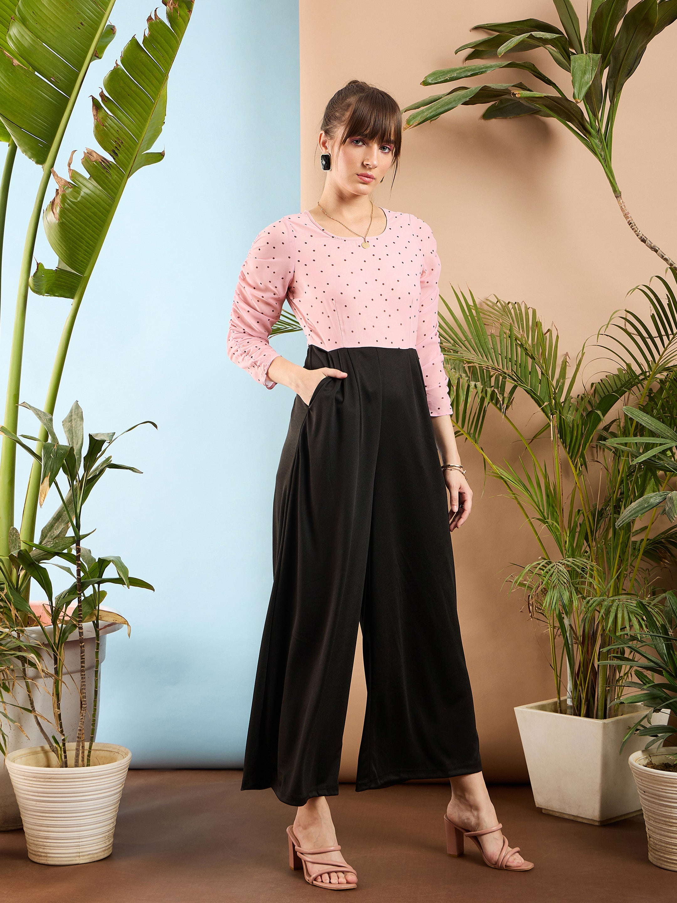 Women Pink Polka Dot Sleeve Rouching Jumpsuit-SFJMPS8151