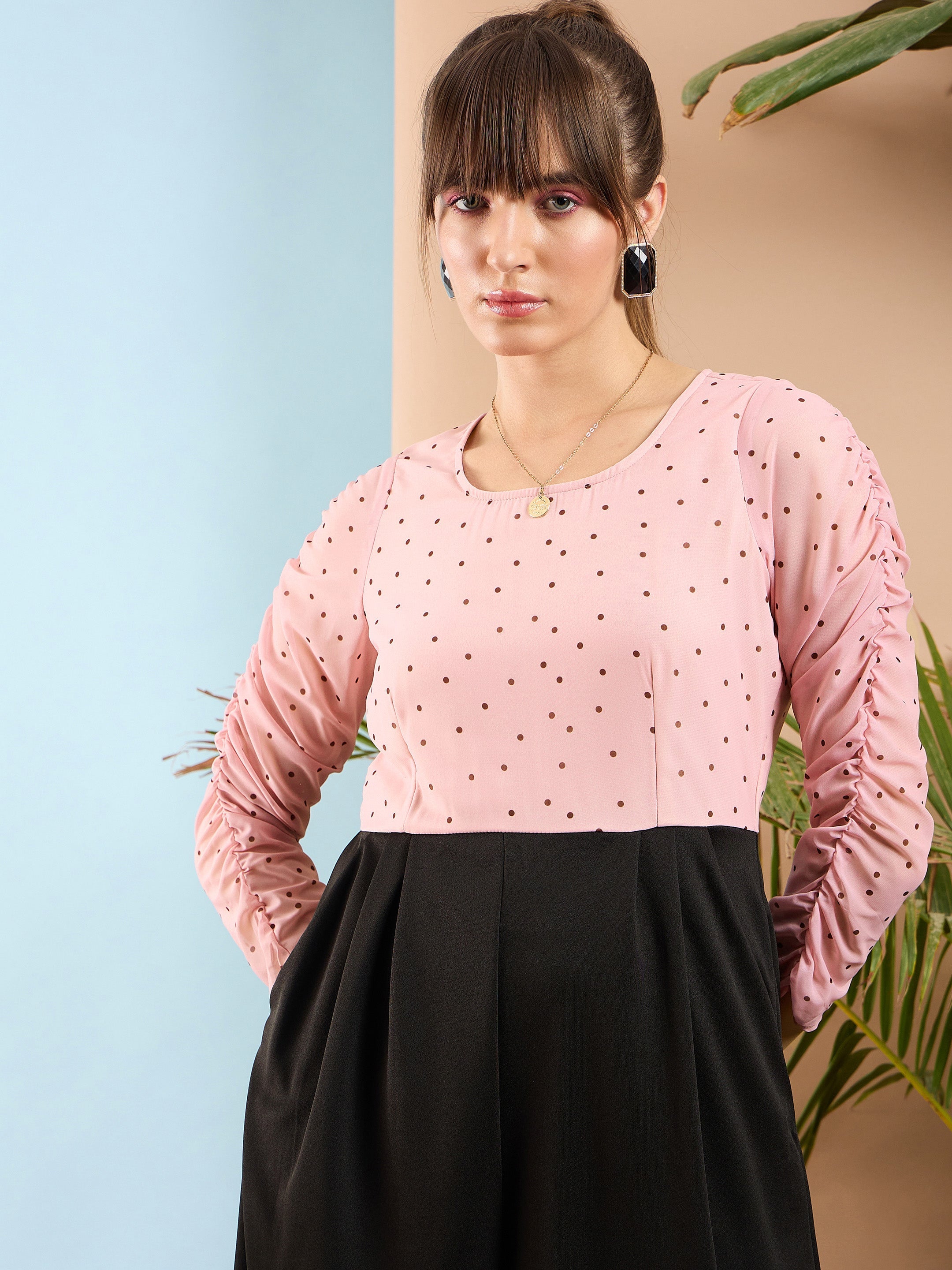 Women Pink Polka Dot Sleeve Rouching Jumpsuit-SFJMPS8151