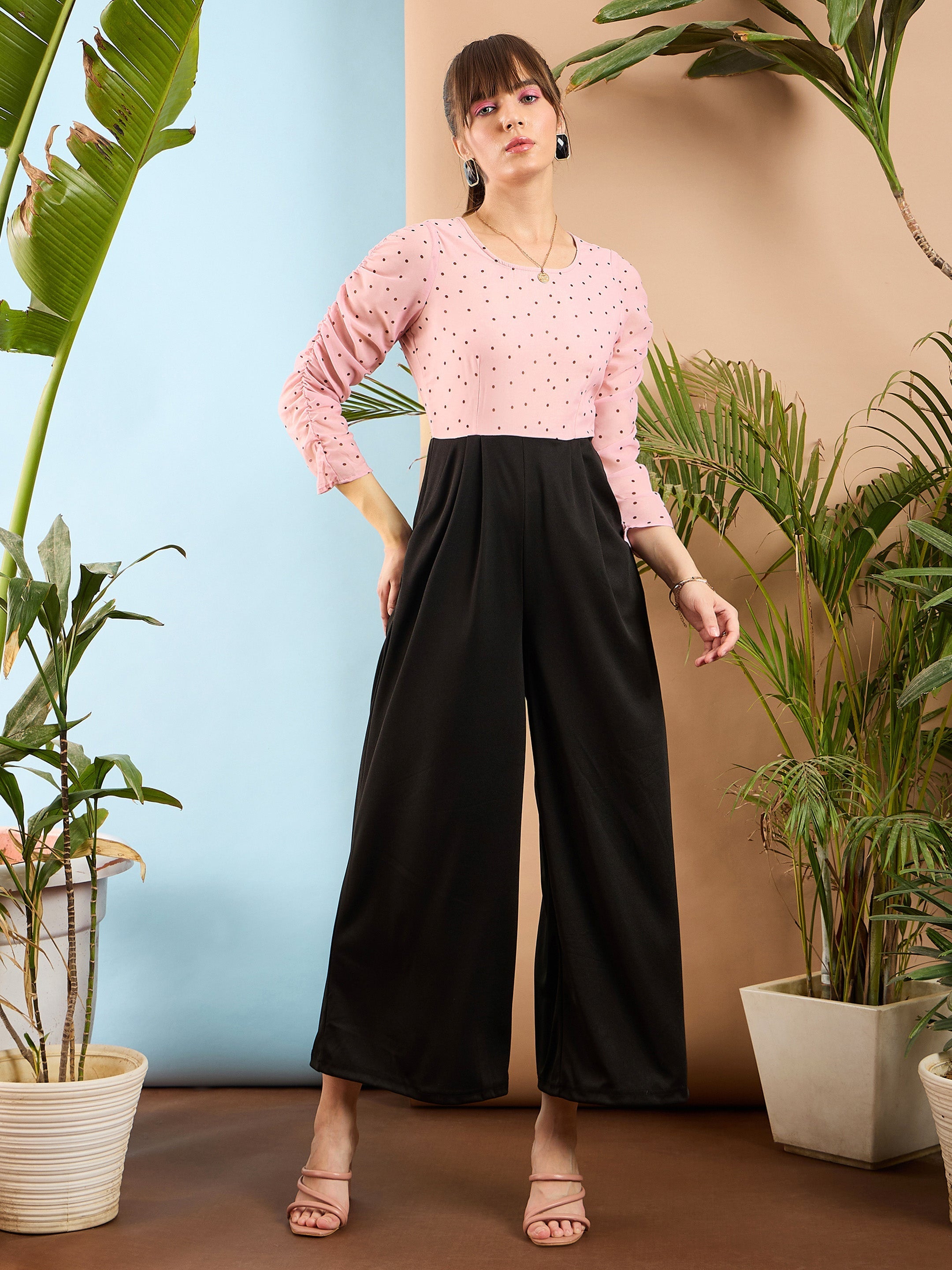 Women Pink Polka Dot Sleeve Rouching Jumpsuit-SFJMPS8151