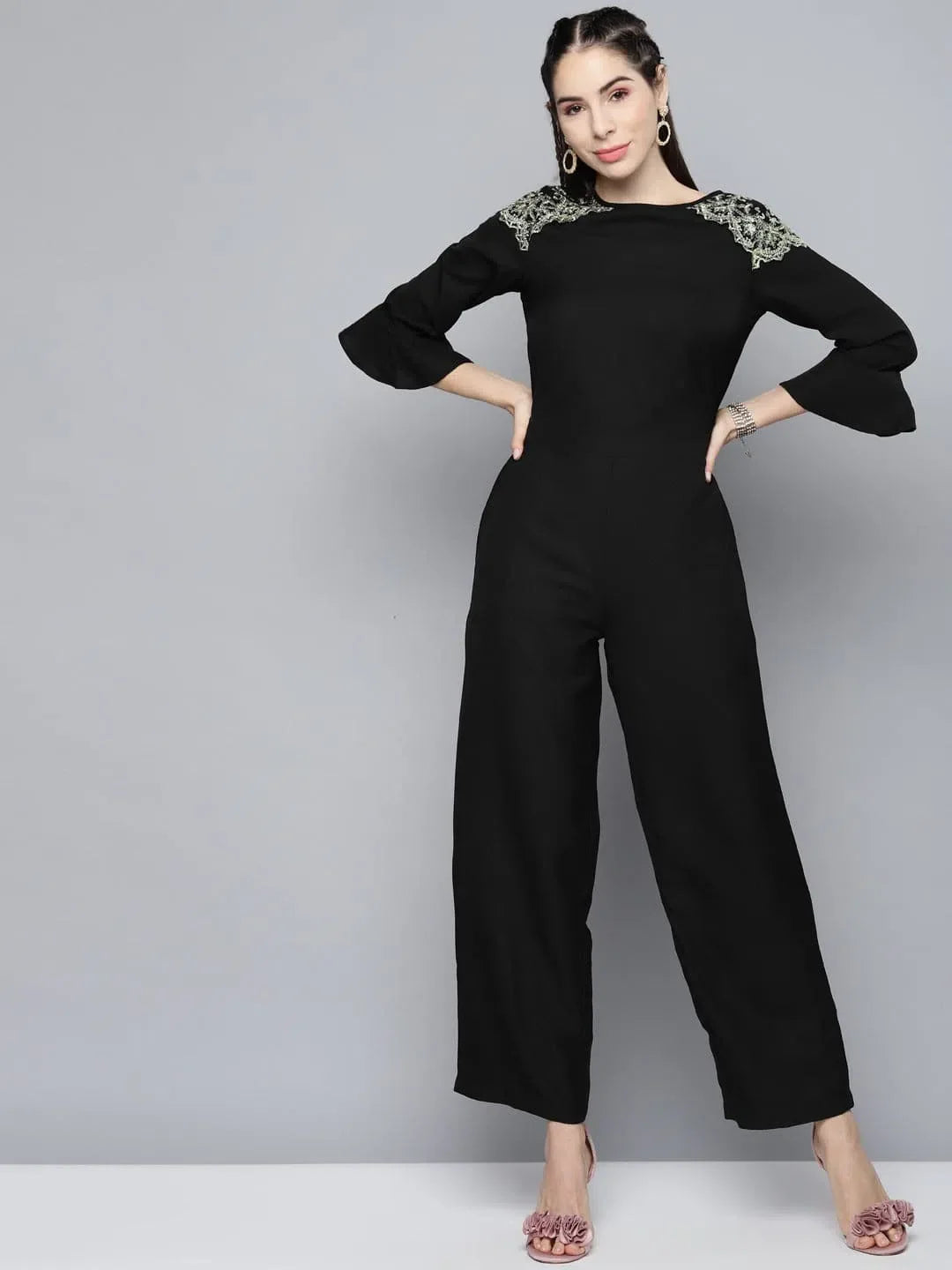 Women's Black Jumpsuit - Solid Polyester Jumpsuit with Lace