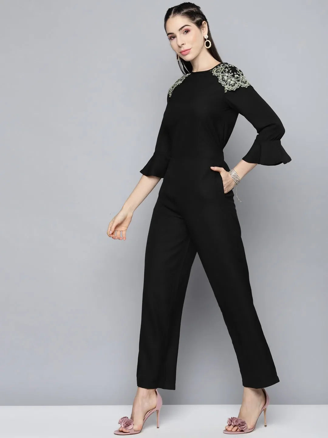 Women's Black Jumpsuit - Solid Polyester Jumpsuit with Lace