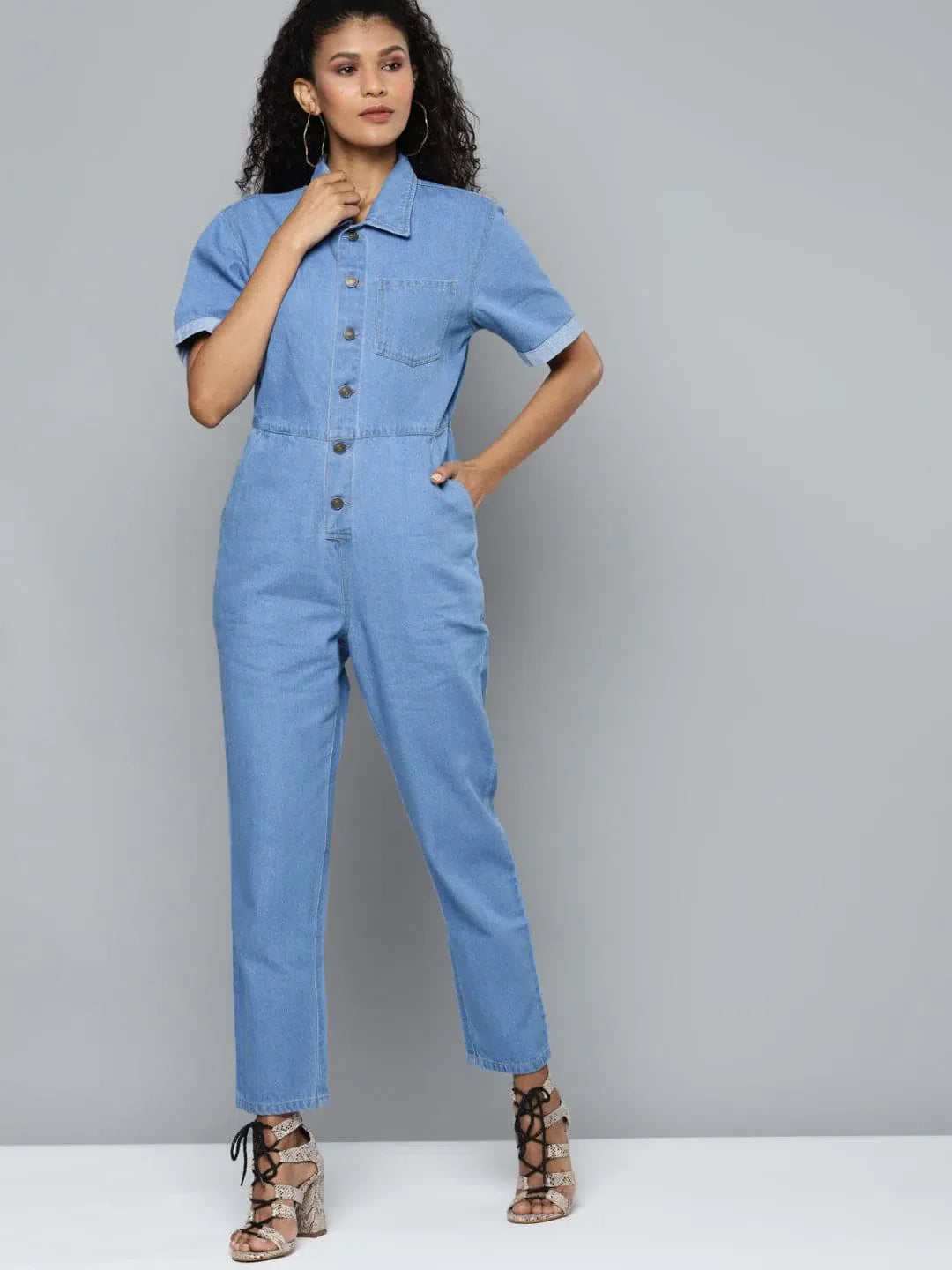 Denim Jumpsuit for Women | Solid Blue Belted Style
