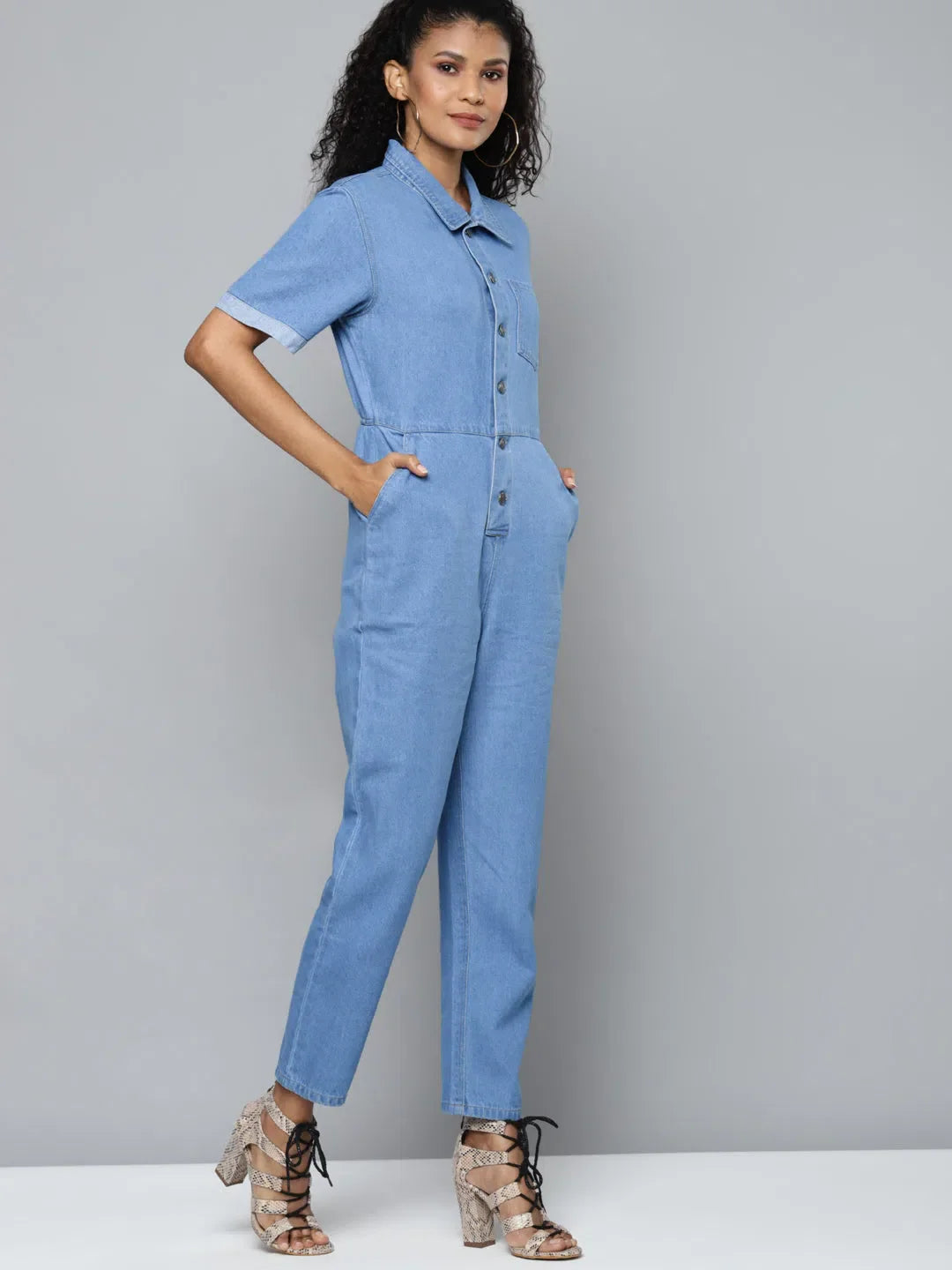 Denim Jumpsuit for Women | Solid Blue Belted Style