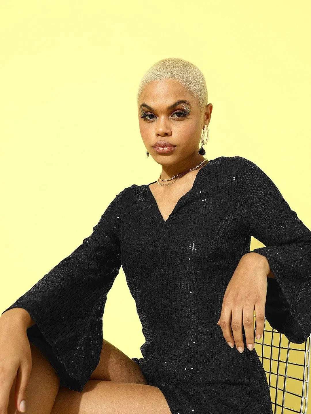 Black Sequin Jumpsuit - Designer Lehenga Alternative, Bell Sleeve