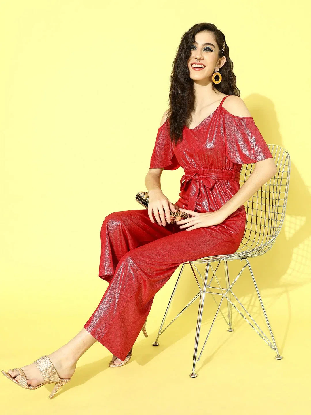 Red Metallic Jumpsuit - Designer Lehenga Alternative