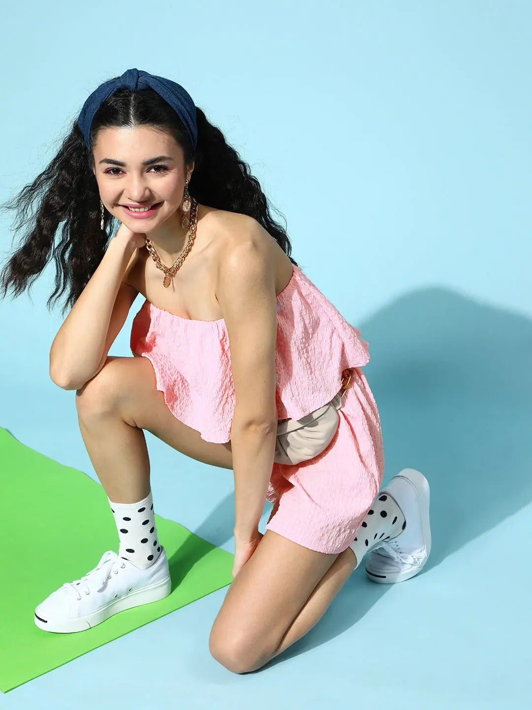 Solid Pink Jumpsuit & Set | Bubble Crepe Romper for Women