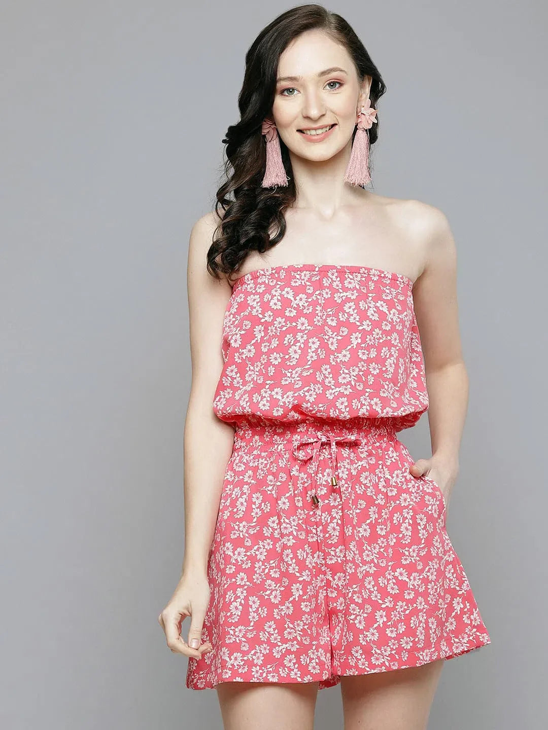 Women's Printed Romper: Pink Floral Jumpsuit for Comfort