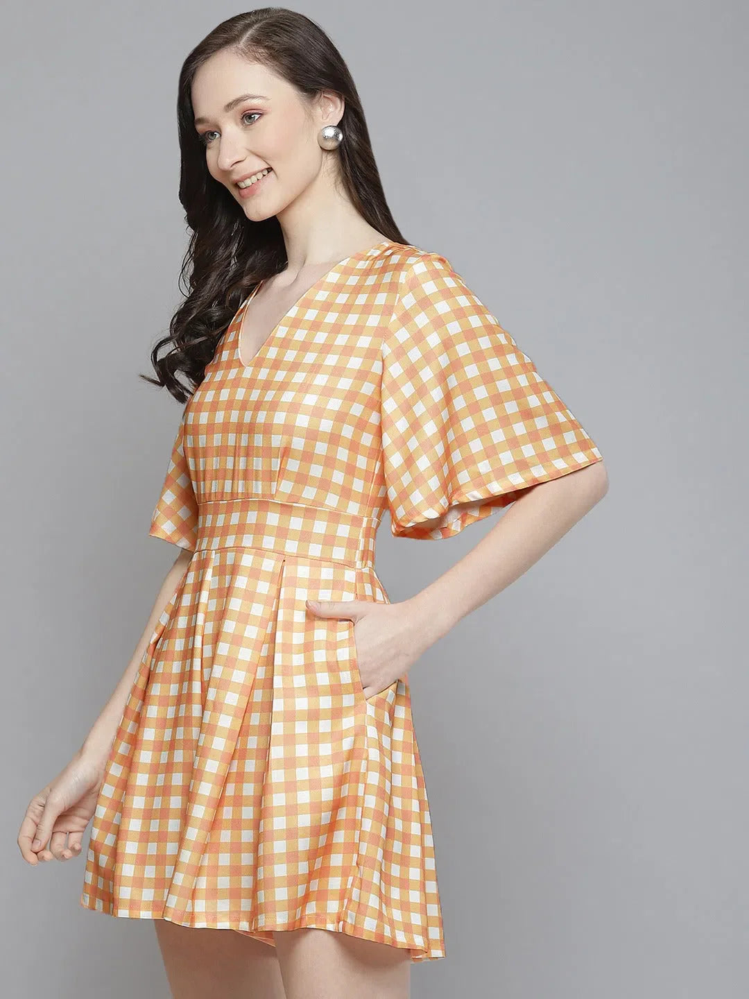 Printed Women's Jumpsuit: Orange Check Romper | Fit & Flare