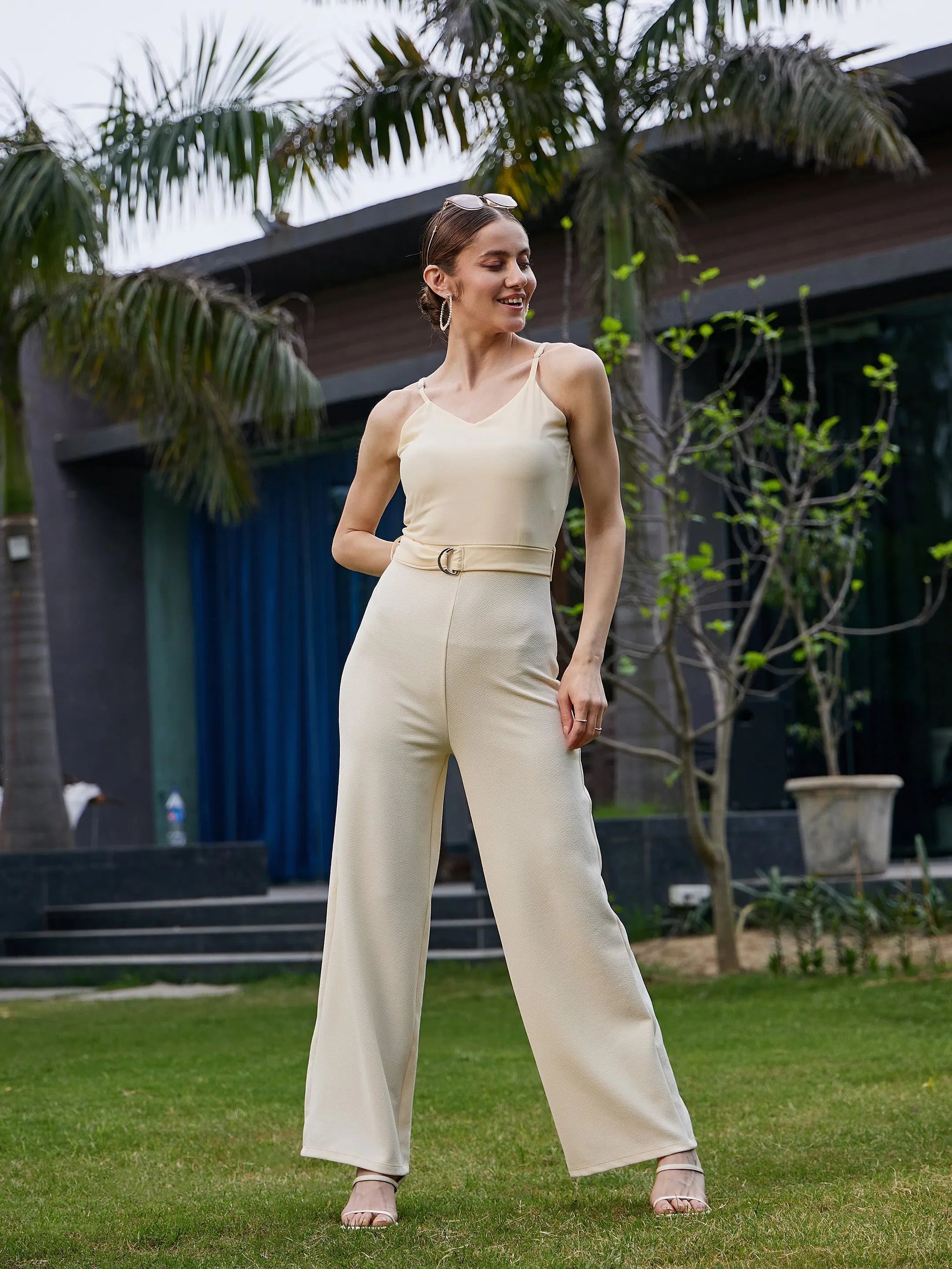 Off White Women's Solid Jumpsuit | Strappy V Neck Style