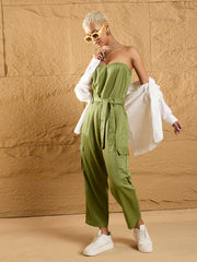 Women Olive Twill Off-Shoulder Jumpsuit-SFJMPS8321