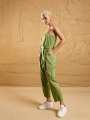 Women Olive Twill Off-Shoulder Jumpsuit-SFJMPS8321