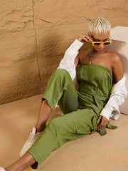 Women Olive Twill Off-Shoulder Jumpsuit-SFJMPS8321