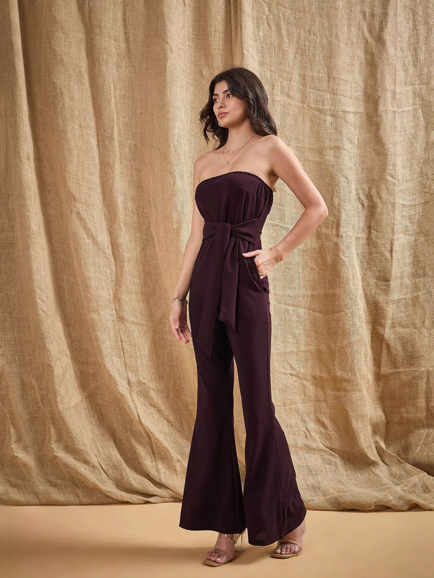 Burgundy Off-Shoulder Belted Jumpsuit | Women's Jumpsuit Sets