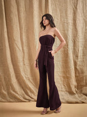 Women Burgundy Off-Shoulder Belted Jumpsuit-SFJMPS8323