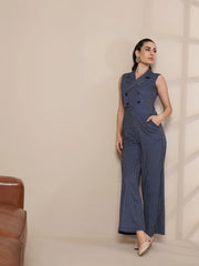 Women Navy Striped Notch Collar Jumpsuit-SFJMPS8324