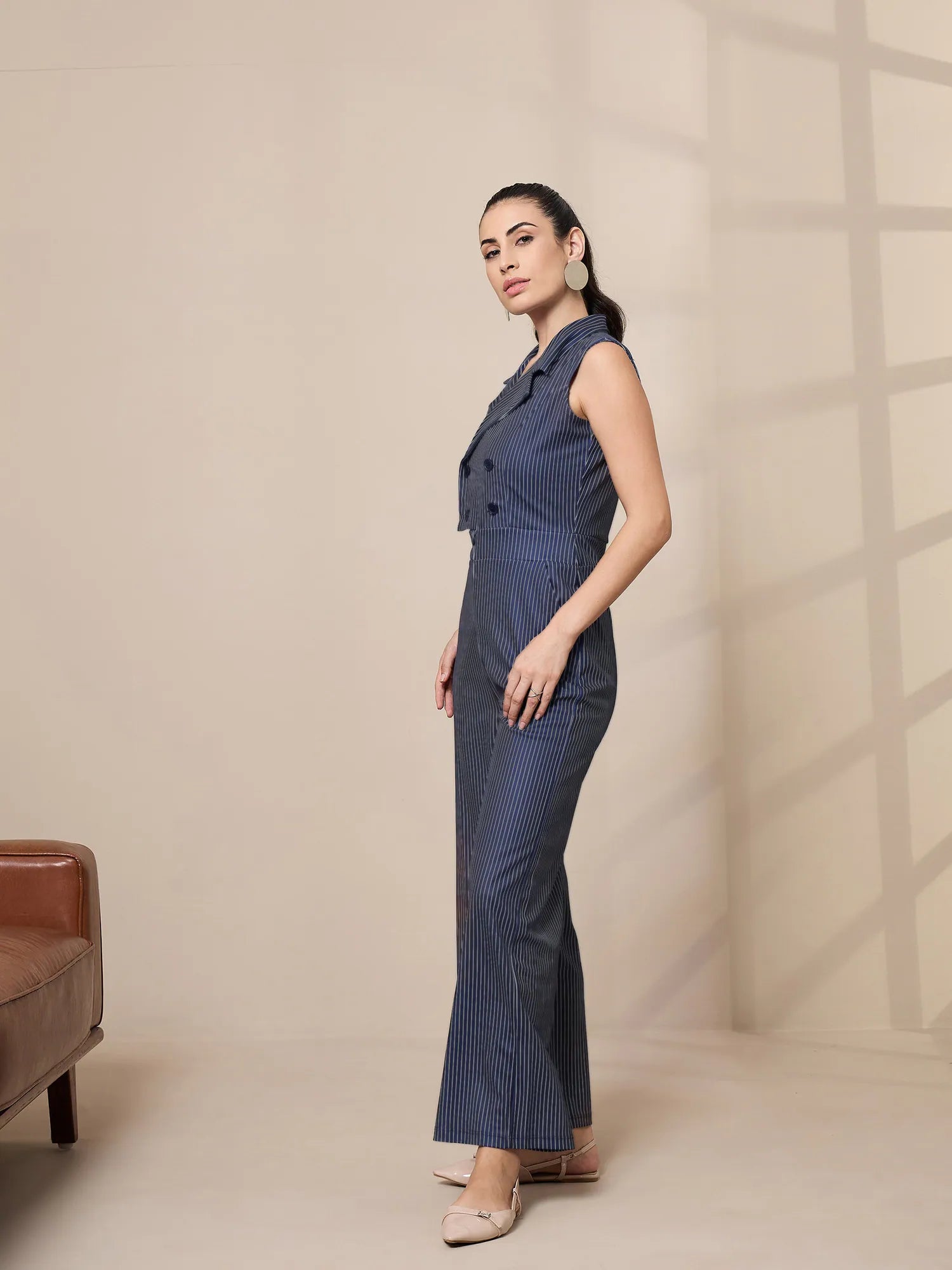 Navy Striped Jumpsuit with Notch Collar | Women's Lehenga