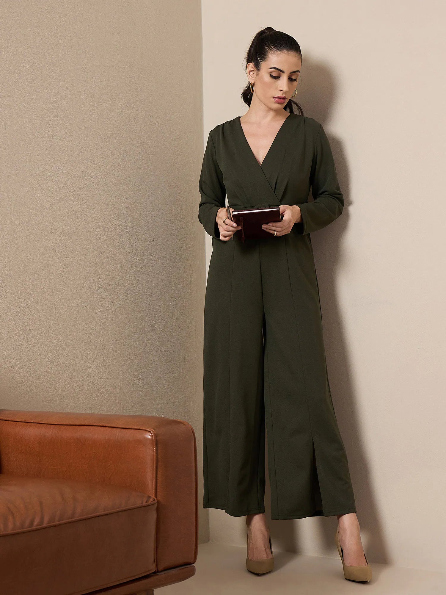 Olive Belted Jumpsuit - Women's Comfort Fit Jumpsuit