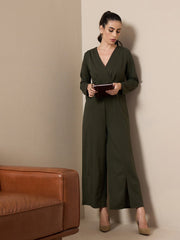Women Olive V-Neck Belted Jumpsuit-SFJMPS8327