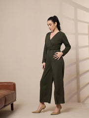 Women Olive V-Neck Belted Jumpsuit-SFJMPS8327
