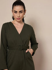 Women Olive V-Neck Belted Jumpsuit-SFJMPS8327