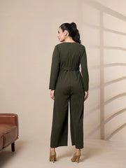 Women Olive V-Neck Belted Jumpsuit-SFJMPS8327