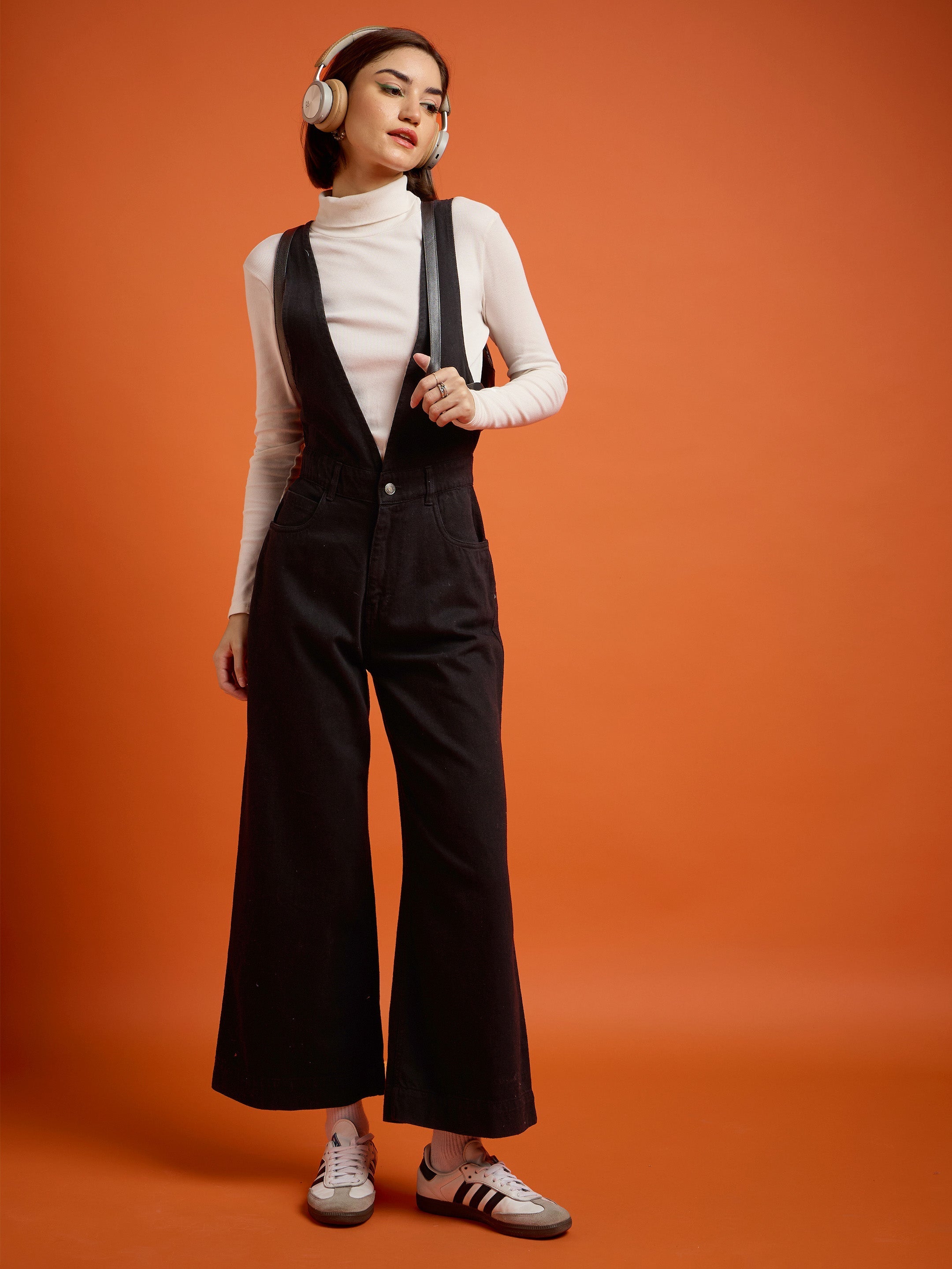 Women Jet Black Deep V-Neck Denim Flared Leg Jumpsuit-SFJMPS8328