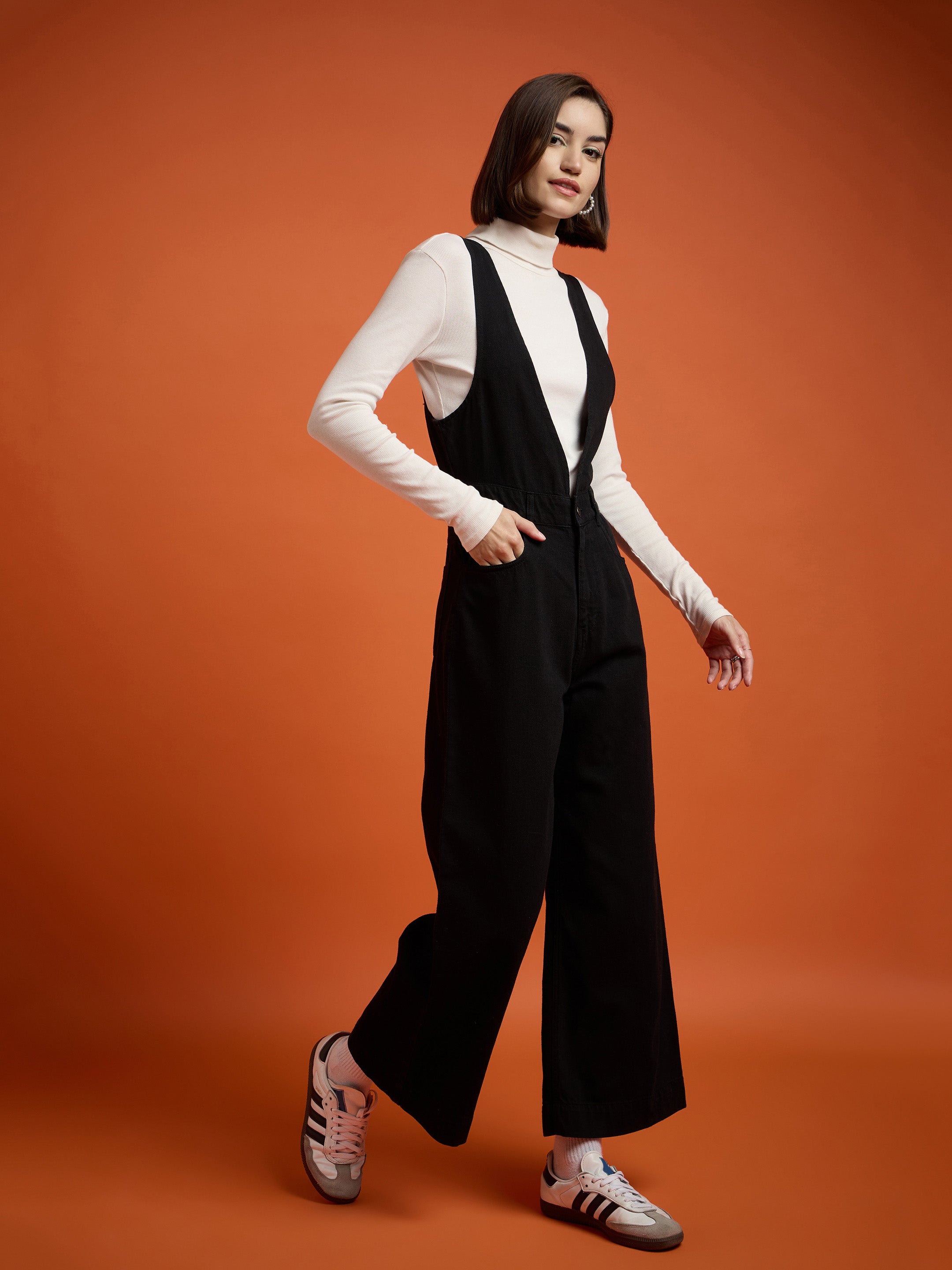 Women Jet Black Deep V-Neck Denim Flared Leg Jumpsuit-SFJMPS8328