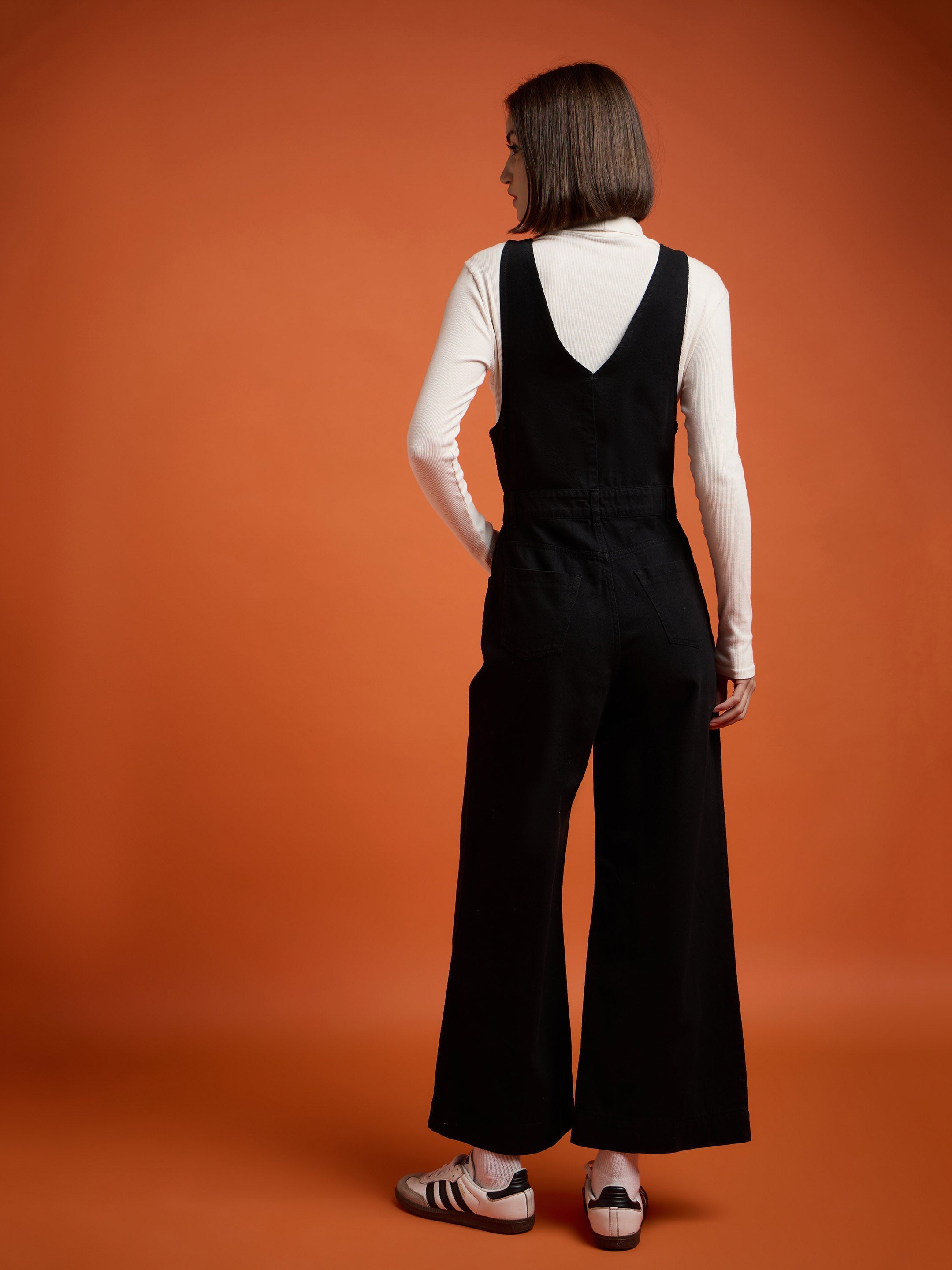 Women Jet Black Deep V-Neck Denim Flared Leg Jumpsuit-SFJMPS8328