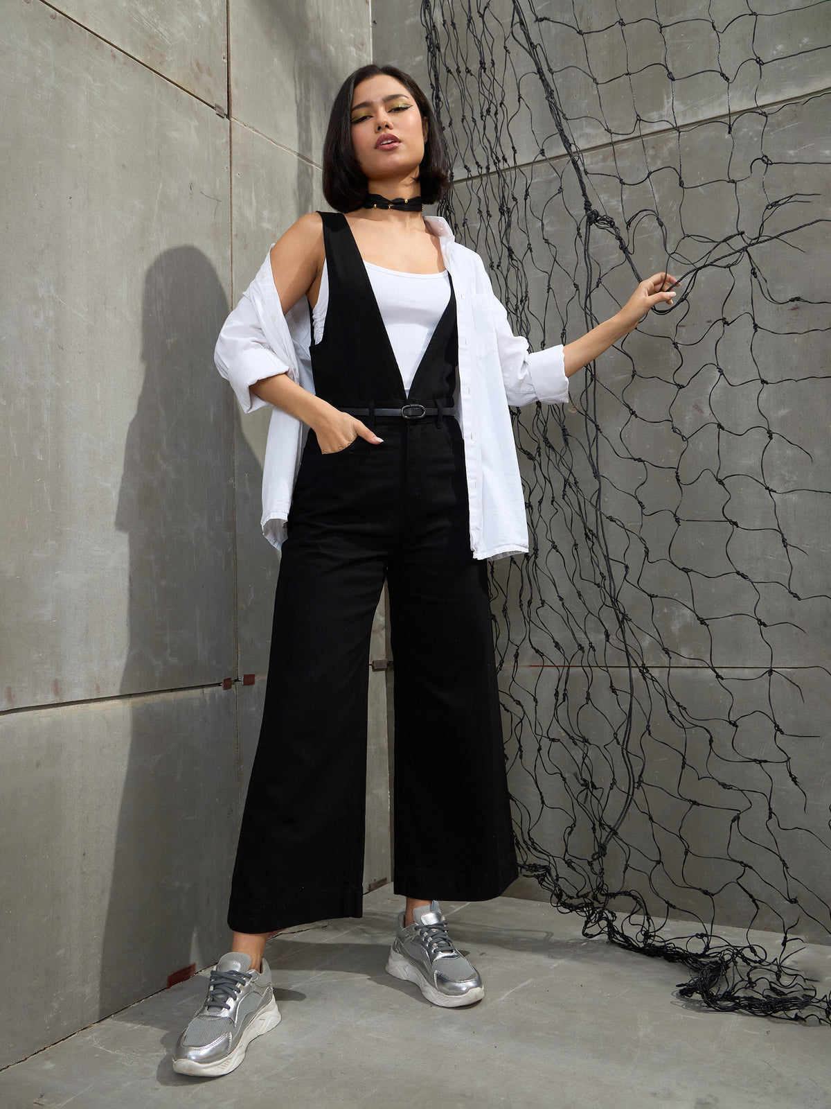 Women Jet Black Deep V-Neck Denim Flared Leg Jumpsuit-SFJMPS8328-Black