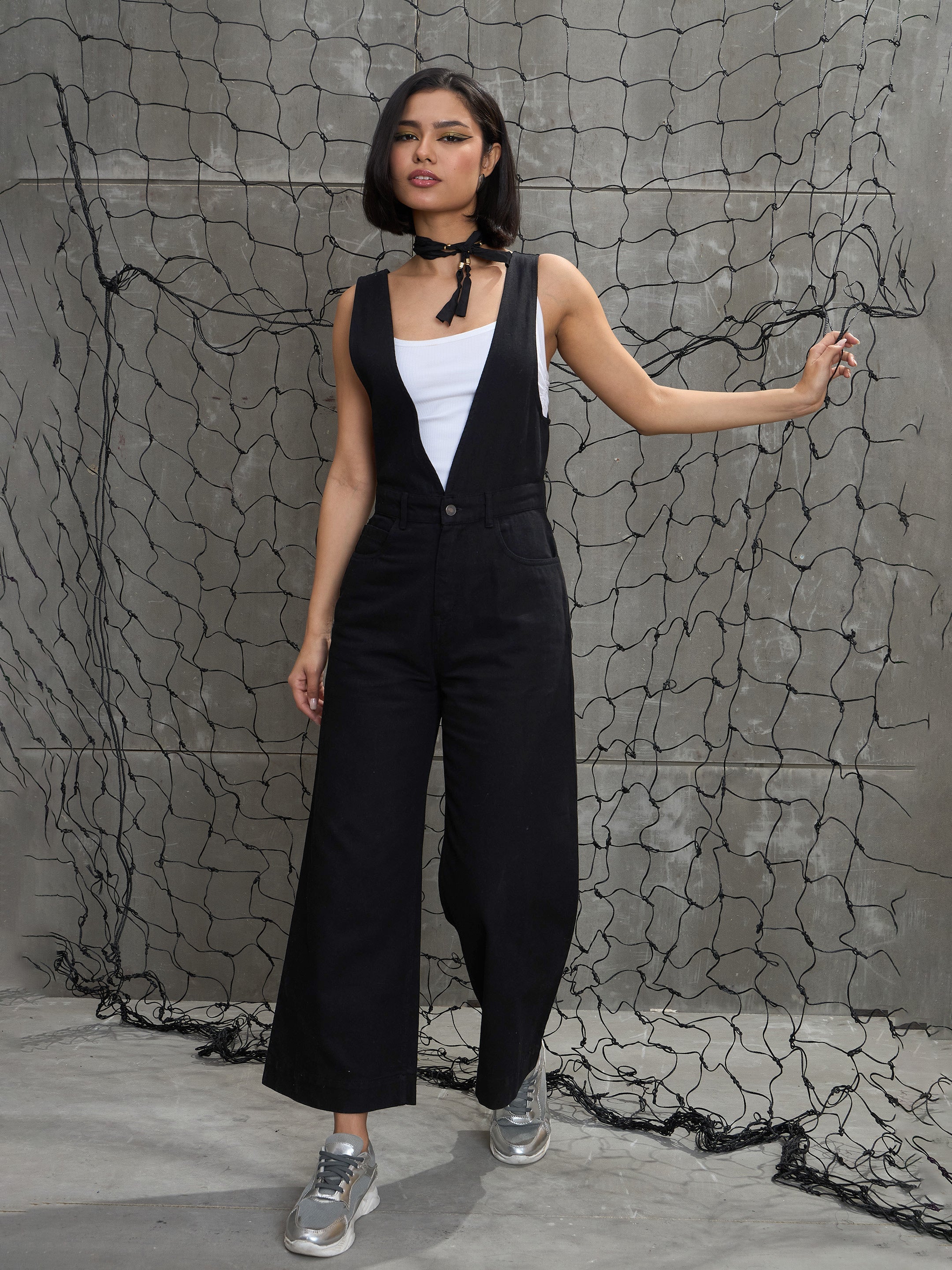 Women Jet Black Deep V-Neck Denim Flared Leg Jumpsuit-SFJMPS8328-Black