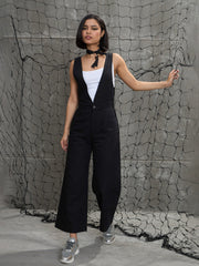 Women Jet Black Deep V-Neck Denim Flared Leg Jumpsuit-SFJMPS8328-Black