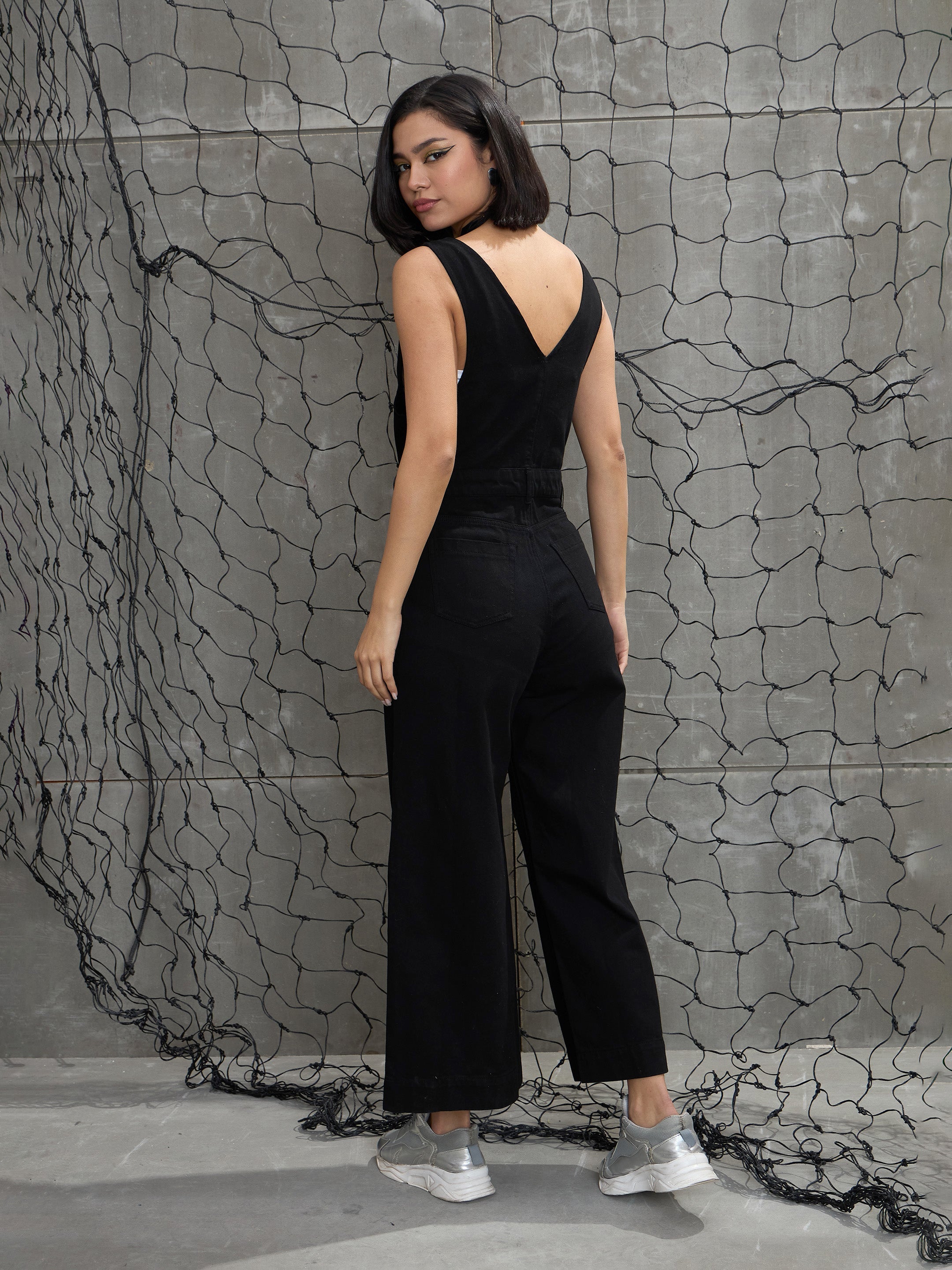Women Jet Black Deep V-Neck Denim Flared Leg Jumpsuit-SFJMPS8328-Black