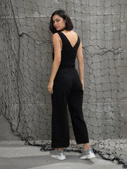 Women Jet Black Deep V-Neck Denim Flared Leg Jumpsuit-SFJMPS8328-Black