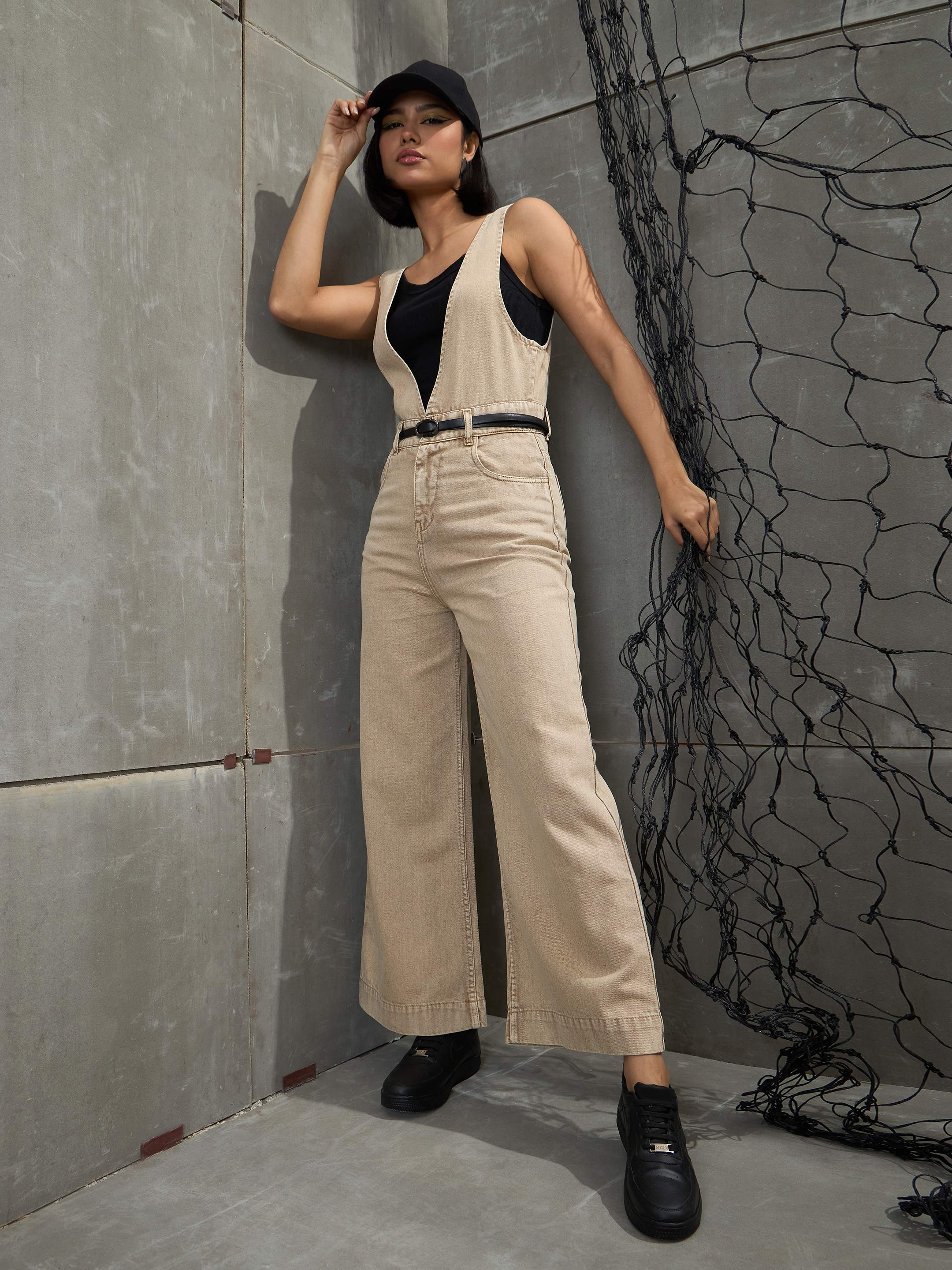 Women Beige Deep V-Neck Denim Flared Leg Jumpsuit-SFJMPS8329-Beige