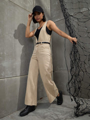 Women Beige Deep V-Neck Denim Flared Leg Jumpsuit-SFJMPS8329-Beige