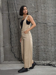 Women Beige Deep V-Neck Denim Flared Leg Jumpsuit-SFJMPS8329-Beige