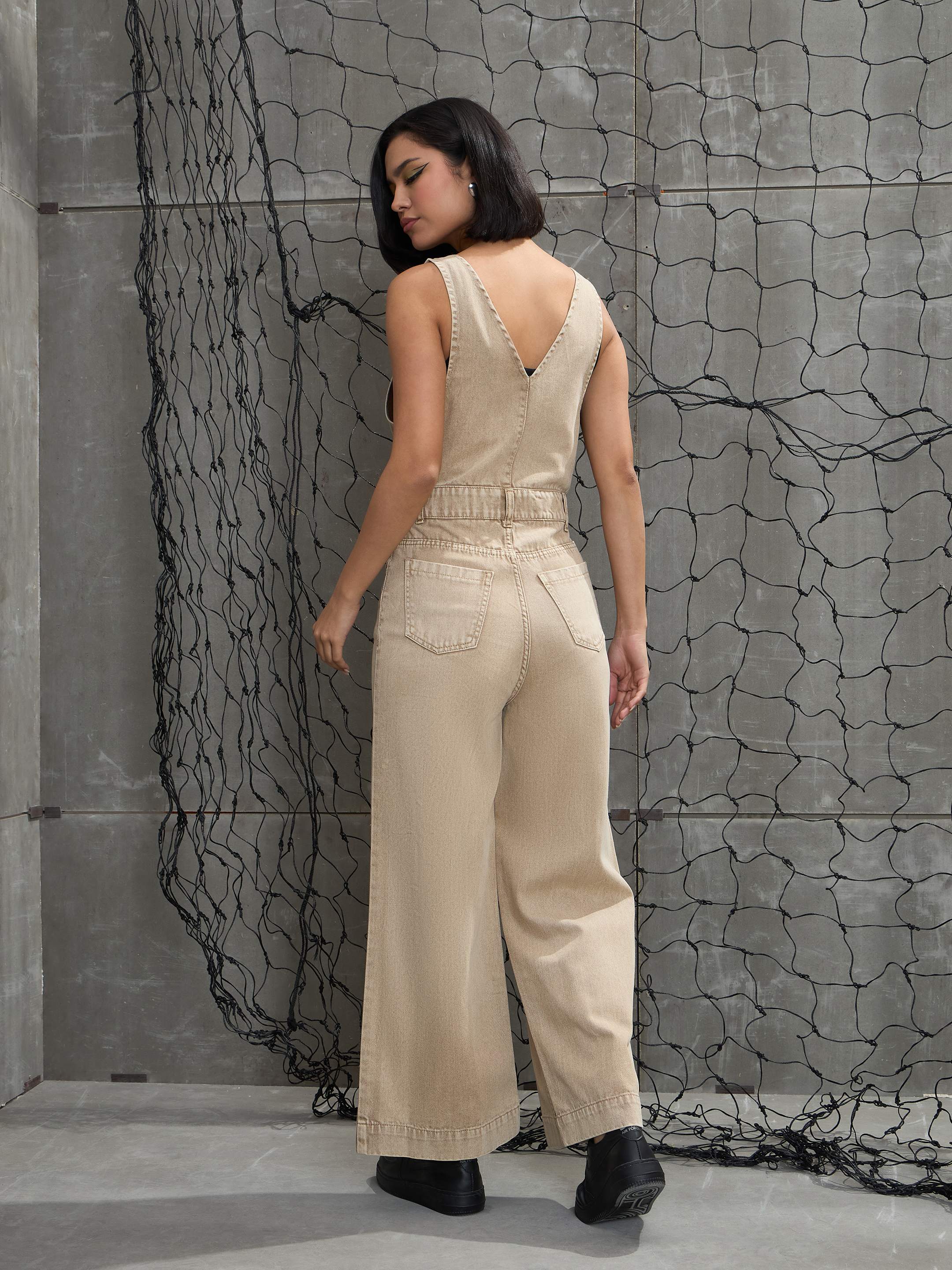 Women Beige Deep V-Neck Denim Flared Leg Jumpsuit-SFJMPS8329-Beige