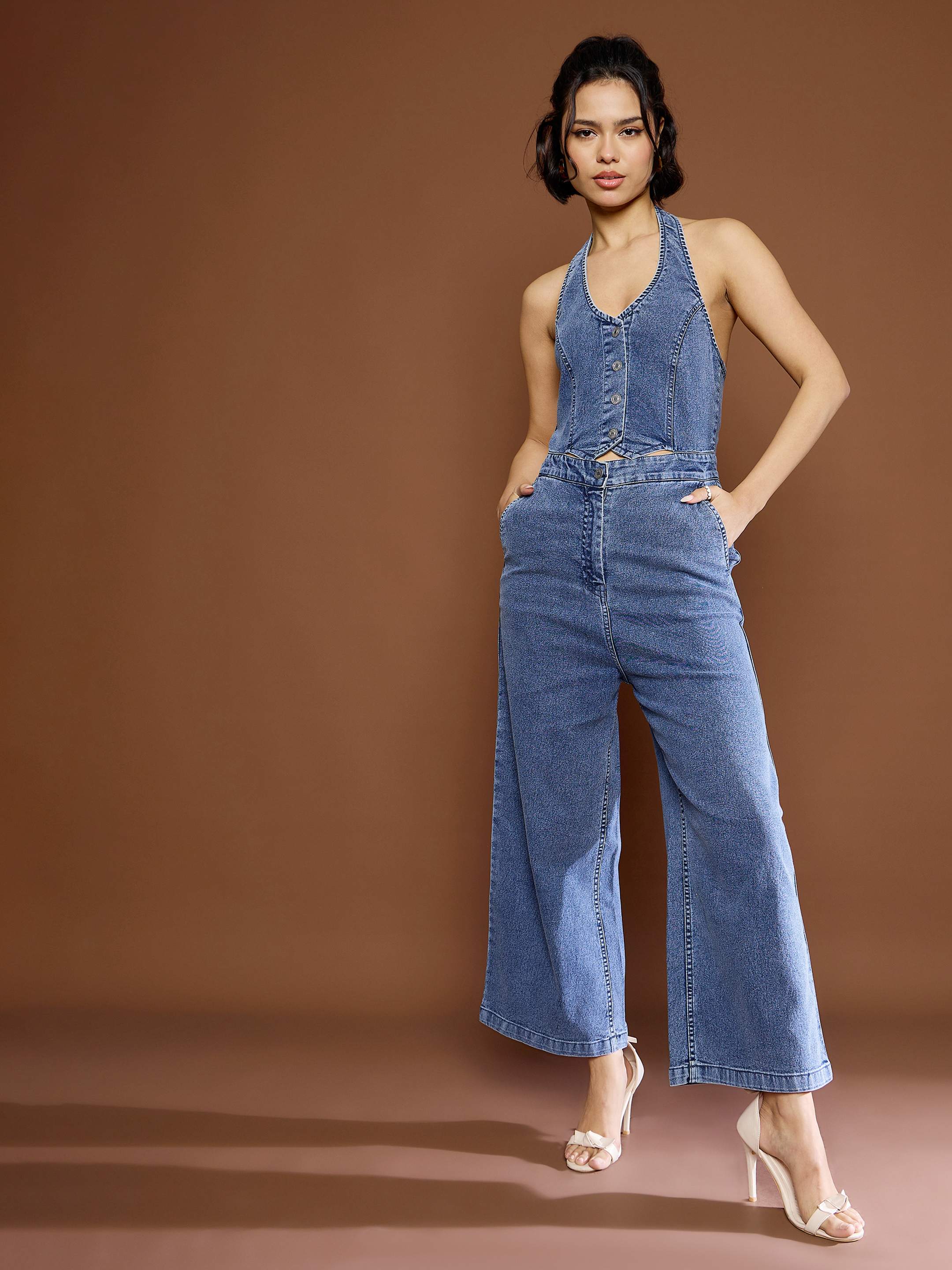 Women Blue Blast Denim Halter Neck Jumpsuit-SFJMPS8332