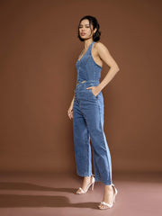 Women Blue Blast Denim Halter Neck Jumpsuit-SFJMPS8332