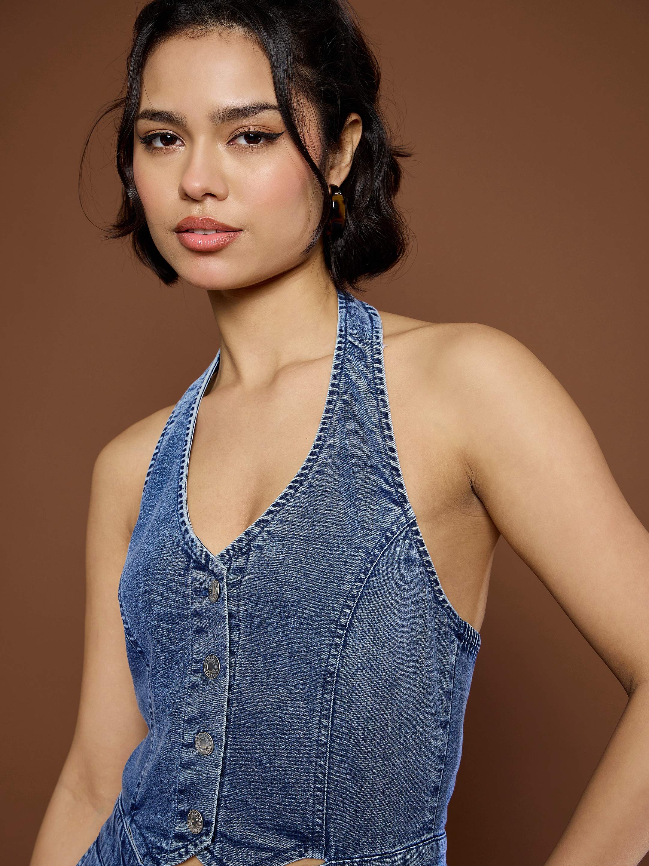 Women Blue Blast Denim Halter Neck Jumpsuit-SFJMPS8332