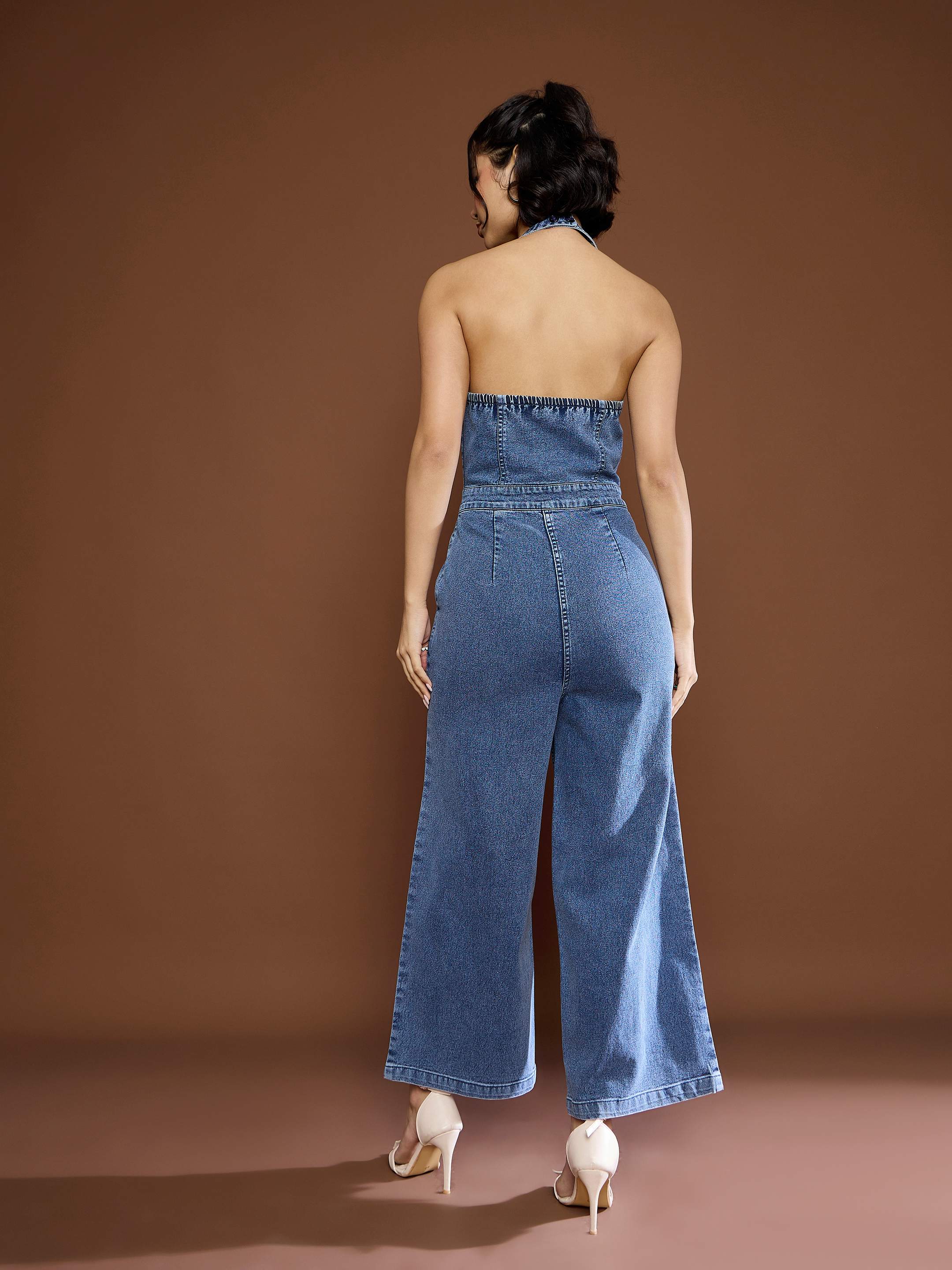 Women Blue Blast Denim Halter Neck Jumpsuit-SFJMPS8332
