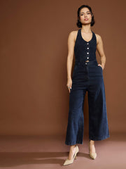 Women Black Washed Denim Halter Neck Jumpsuit-SFJMPS8333