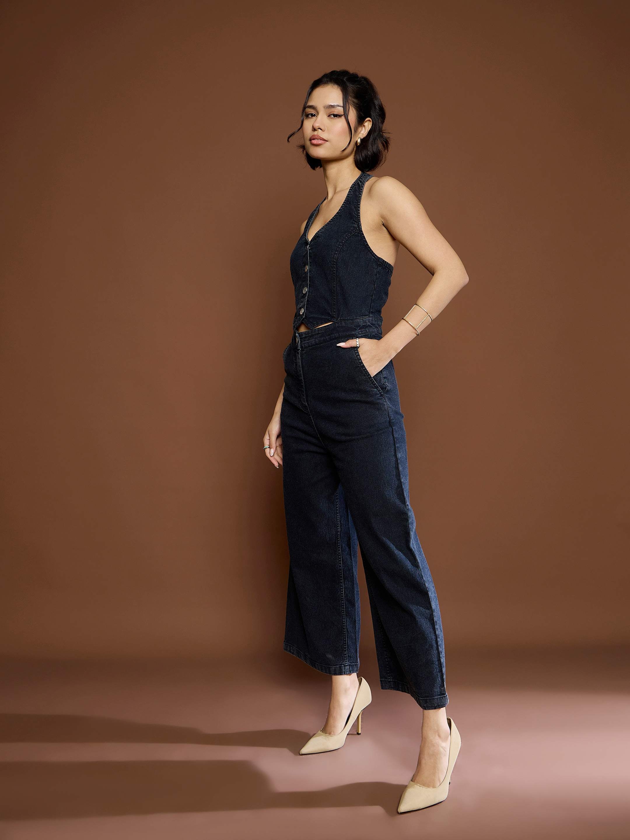 Women Black Washed Denim Halter Neck Jumpsuit-SFJMPS8333