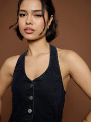 Women Black Washed Denim Halter Neck Jumpsuit-SFJMPS8333