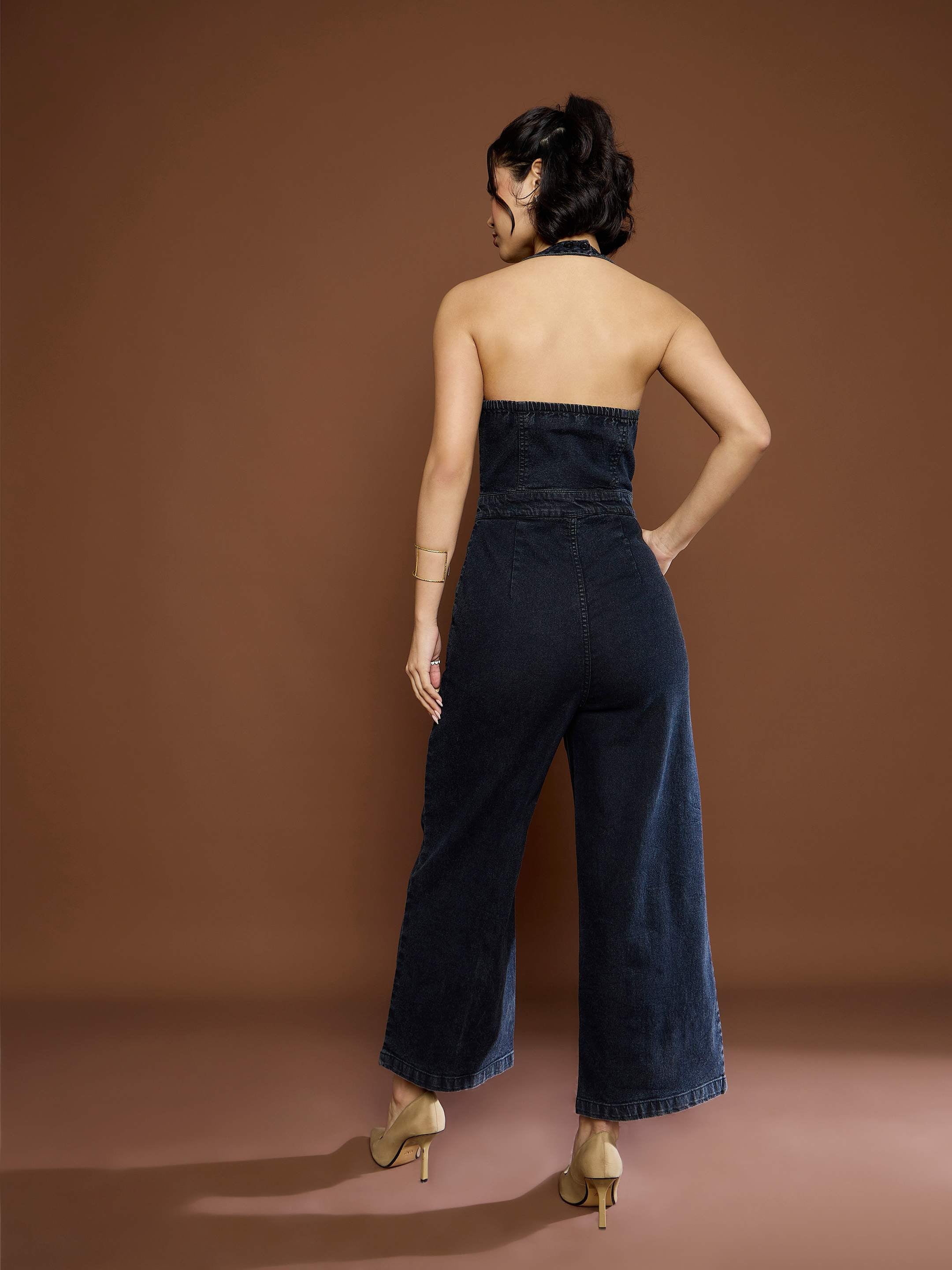Women Black Washed Denim Halter Neck Jumpsuit-SFJMPS8333