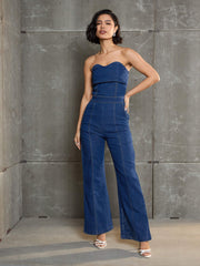 Women Navy Blue Denim Off Shoulder Jumpsuit-SFJMPS8334