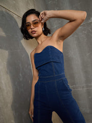 Women Navy Blue Denim Off Shoulder Jumpsuit-SFJMPS8334