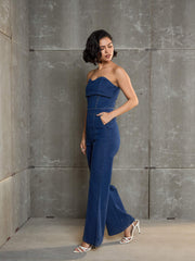 Women Navy Blue Denim Off Shoulder Jumpsuit-SFJMPS8334