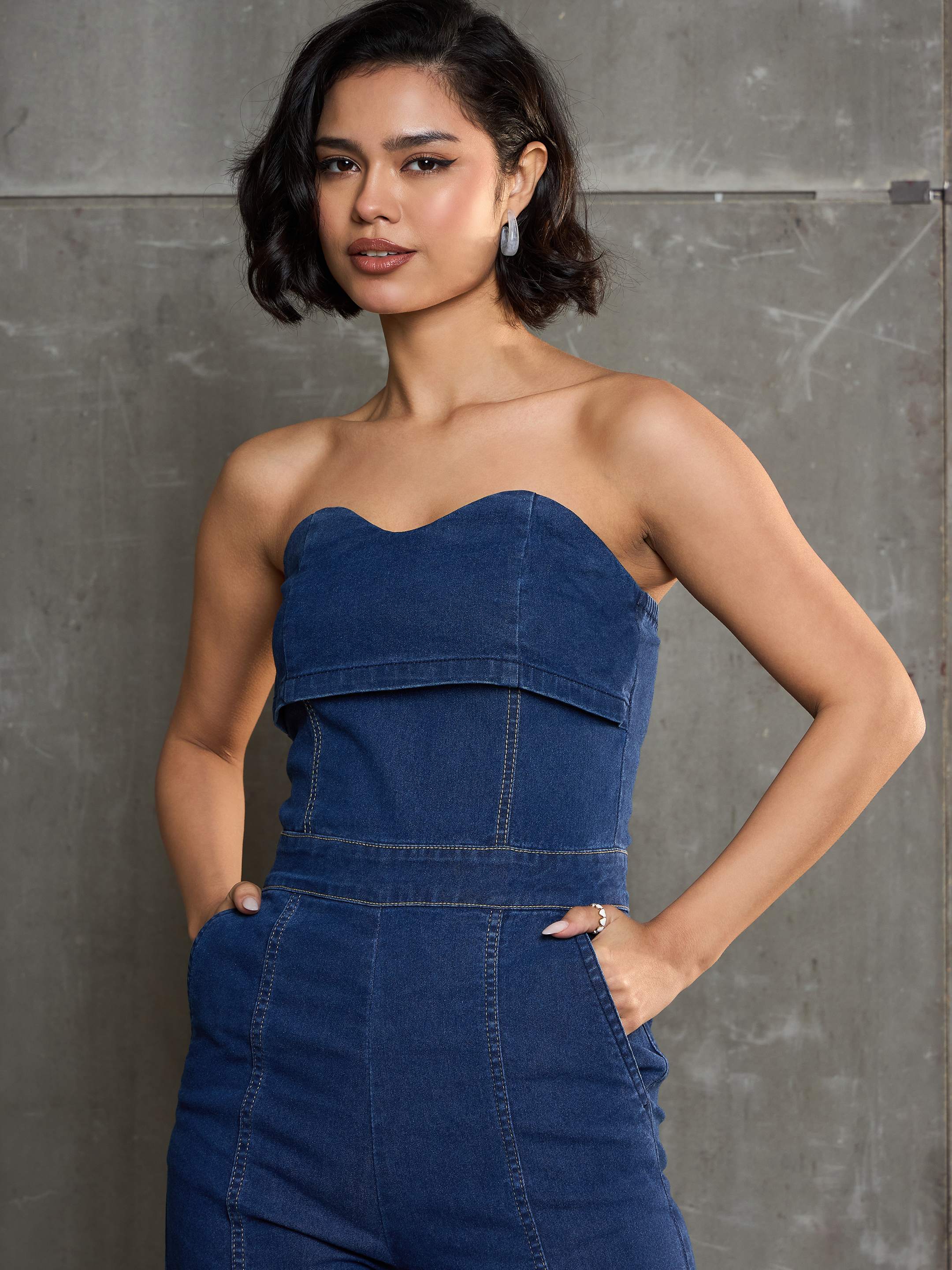 Women Navy Blue Denim Off Shoulder Jumpsuit-SFJMPS8334
